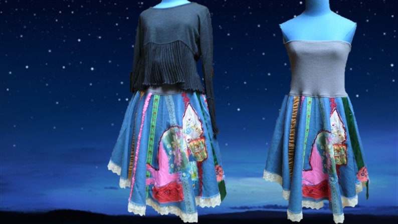 strapless asymmetrical Jean skirt multicolor patchworktextile art style size 38 40 42