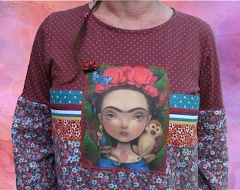 Reserved,women's dress in jersey / cotton flannel trapeze shape with small flowers,portrait of frida Kahlo size 40 42