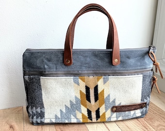 Bible Case-Evening Clutch-Tablet Case-PNW Wool-Tribal Yellow and Grey-Multiple Colors-Leather Handles-Zip Pocket