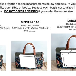 May include: Three canvas tote bags with brown leather handles and floral print accents. The small bag is 8.25" high, 6.5" wide, and 2.5" deep. The medium bag is 9.75" high, 7" wide, and 2.75" deep. The large bag is 11.25" high, 8" wide, and 3.5" deep.