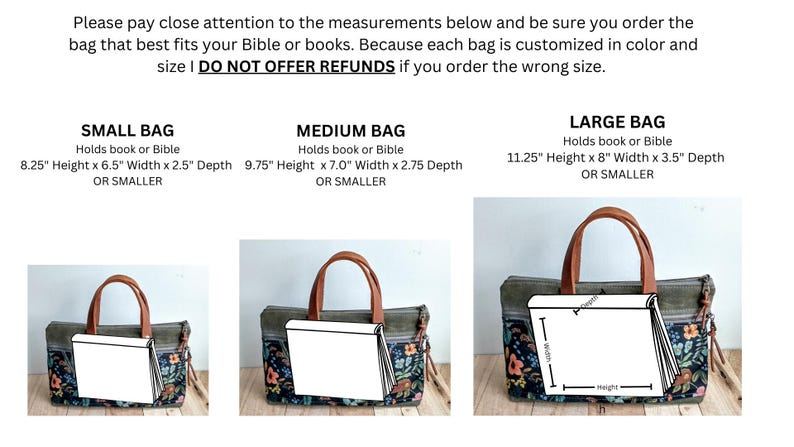 May include: Three canvas tote bags with brown leather handles and floral print accents. The small bag is 8.25" high, 6.5" wide, and 2.5" deep. The medium bag is 9.75" high, 7" wide, and 2.75" deep. The large bag is 11.25" high, 8" wide, and 3.5" deep.
