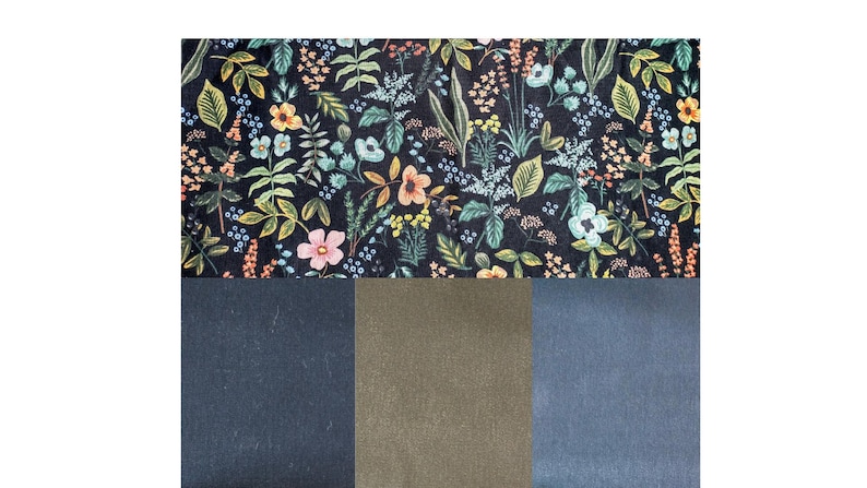 May include: A fabric swatch featuring a floral pattern with pink, yellow, and blue flowers on a black background. Below are three solid fabric swatches in navy blue, olive green, and slate blue.