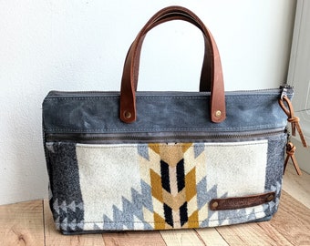 Bible Case-Evening Clutch-Tablet Case-Wool Tribal with Blue Grey-Leather Handles-Zip Pocket