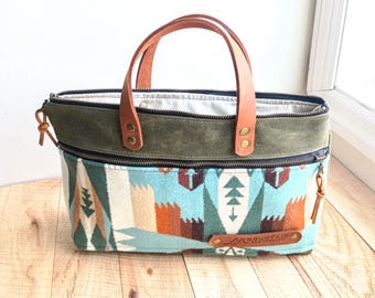 Bible Case-Evening Clutch-Tablet Case-PNW Wool-Turquoise-Green-Olive-Tribal Print-Multiple Colors-Leather Handles-Zip Pocket