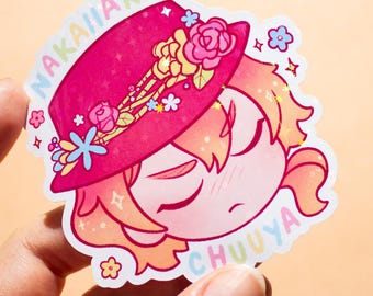 Chuuya nakahara sticker holo, chuuya nakahara flower hat sticker