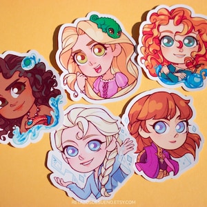 Entzückende Aufkleber im Chibi-Anime-Stil von Disney-Prinzessinnen, Frozen Elsa Anna Rapunzel Merida Moana-Aufkleber
