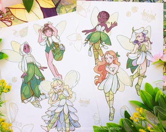 Orange flower fairies cute art prints to decorate green white, fairy core illustration azahar diversity and inclusion