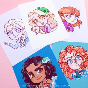 Illustrationen inspiriert von Disney-Prinzessinnen im Chibi-Anime-Stil, Elsa, Anna, Rapunzel, Merida, Moana, Vaiana, bezaubernde Illustration