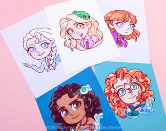 Illustrations inspired by Disney princesses in chibi anime style, Elsa Anna Rapunzel Merida Moana Vaiana adorable illustration