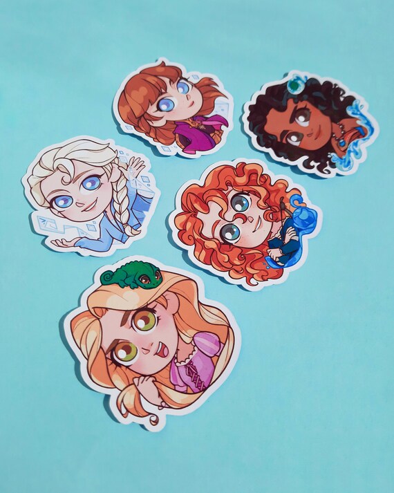 DISNEY PRINCESS STICKERS cute chibi illustration fanart christmas, elsa  anna rapunzel merida moana vaiana cute stickers illustration fanart