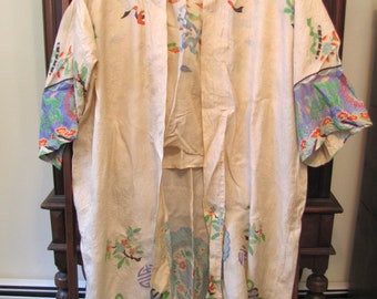 Antique Pongee Silk Shirt and Robe, Japanese Silk Robe, 1920's Oriental Design, Flapper Era Clothing, Beach Pajama, Pongee Silk Loungewear