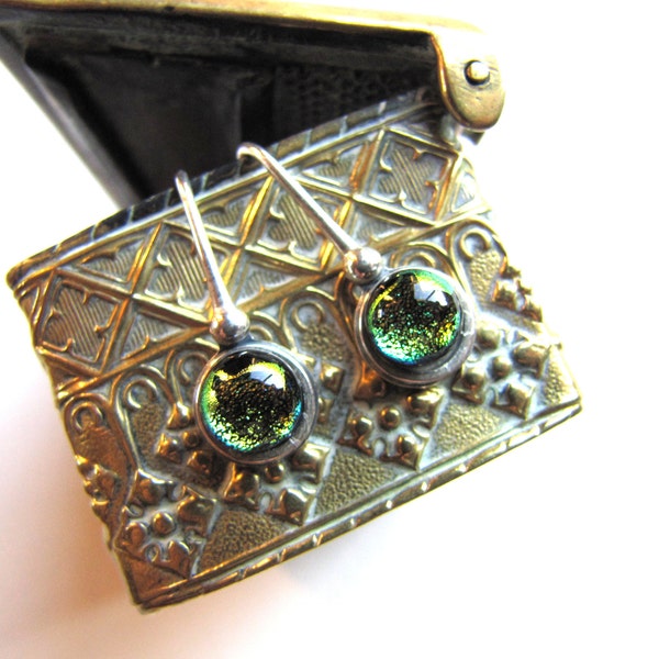 Tiny Dichroic Glass Earrings, Tiny Teal Dichroic Glass and Sterling Dangles, Teal Green Drop Earrings, Tiny Fused Glass Dangles, Teal Black