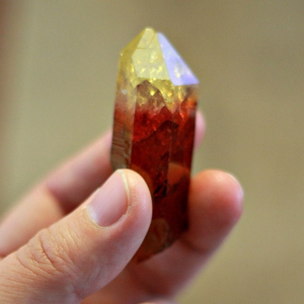 Sunshine yellow and ruby aura quartz point, hybrid aura quartz, sunshine aura quartz, yellow aura, boho gift, wiccan crystal, pagan altar