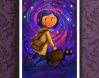 Coraline Inspired Gothic Wall Art,Tim Burton Style Dark Fantasy Print, Spooky Lantern Illustration for Haunted Home Decor