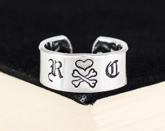 Custom Initial Ring: Gothic Font, Heart & Crossbones