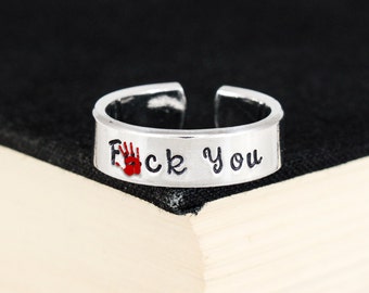 F*ck You Cursive Ring - 1/4" Aluminum Hand Stamped Ring - Goth Jewelry