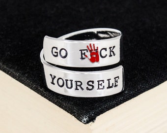 Go F*ck Yourself Ring, Mature, Gothic Jewelry, Aluminum Wrap Ring
