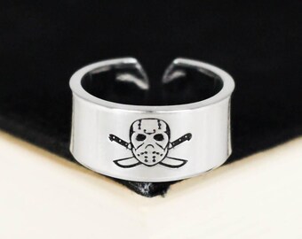 Hockey Slasher Ring, Horror Movies, Voorhees, Halloween Jewelry, Aluminum Cuff Ring