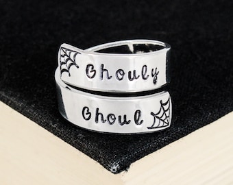 Ghouly Ghoul Wrap Ring: Hand Stamped Halloween Jewelry