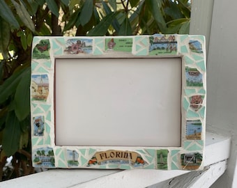 Mosaic Picture Frame, Florida, made from vintage souvenir plate