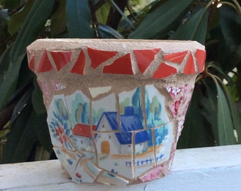 Mosaic Flower Pot, Country Cottage, made from recycled pottery