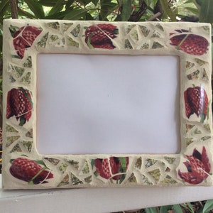 Mosaic Picture Frame, Red Flowers, made from recycled pottery