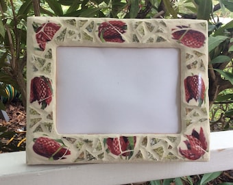 Mosaic Picture Frame, Red Flowers, made from recycled pottery
