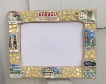 Mosaic Picture Frame, highlighting Georgia attractions made from vintage souvenir plate