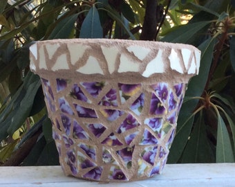 Mosaic Flower Pot, Violet, made from recycled pottery