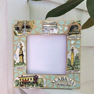Mosaic Picture Frame, Alabama, made from vintage souvenir plate