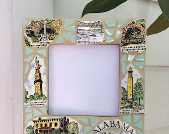 Mosaic Picture Frame, Alabama, made from vintage souvenir plate