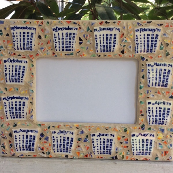 Mosaic Picture Frame, 1974 Calander, from vintage souvenir plate