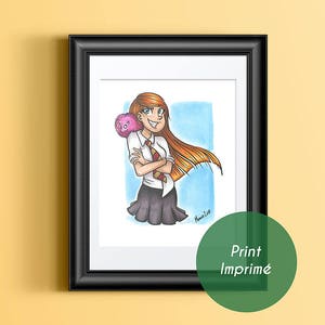 May include: A digital illustration of a red-haired girl wearing a school uniform with a pink fluffy creature on her shoulder. The girl is smiling and has her arms crossed. The background is a light blue.