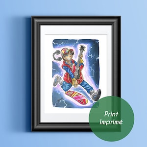Marty McFly, Back to the futur, hoverboard and guitar, cult movie, geek movie, Printed illustration of  Marty McFly