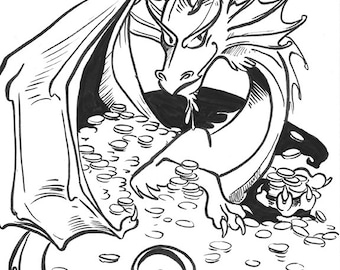 May include: A black and white line drawing of a dragon sitting on a pile of gold coins. The dragon has a fierce expression and is guarding the treasure. The drawing is signed "Yowe 04 Oktober 16 -COLLECT-"