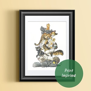 Pile of cats, siamese, maine coon, himalayen, bengal cat, black cat, cartoon cats, Printed illustration featuring  pile of cats