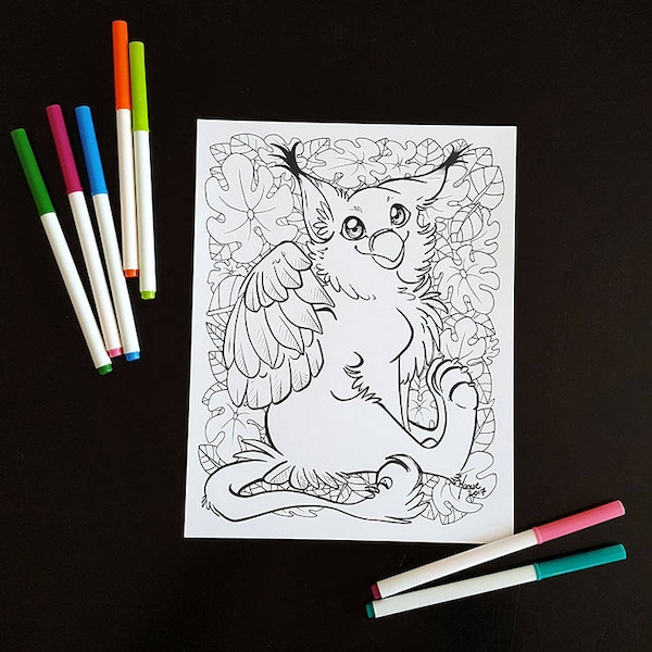 Griffon Coquin illustration, illustration à colorier, dessin à télécharger, mignon petit griffon, motifs feuilles, coloriage