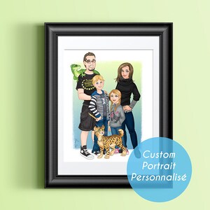 Famille, Portrait personnalisé famille, quatre personnages, caricature, numérique, décoration cadre cadeau carte