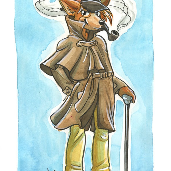 Sherlock Hound, Original watercolor illustration featuring Sherlock Hound (Sherlock Holmes ), from the children show