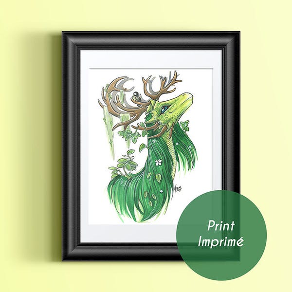 Dragon vert forêt, Imprimé dragonne de la terre, Natyrë, illustration à aquarelle, illustration fantastique, panache caribou, nature