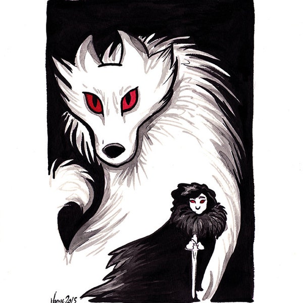 Original watercolor illustration, white wolf, werewolf, jon snow, Geek illustration