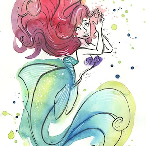 Mermaid red hair, Original watercolor illustration featuring a pretty fantastic creature from the seas,  mermaid wall decoration