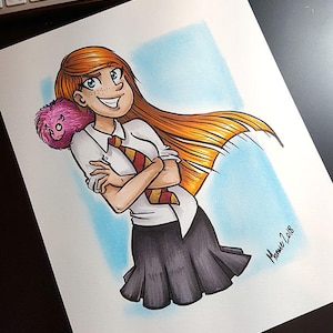 May include: A cartoon illustration of a young woman with long red hair wearing a white shirt with a yellow and red tie, a black skirt, and a pink fluffy creature on her shoulder. The background is a light blue gradient.