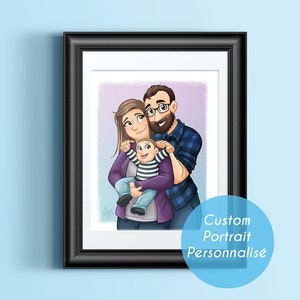 Trio portrait personnalisé, famille, trois personnages, caricature, numérique, décoration cadre cadeau carte