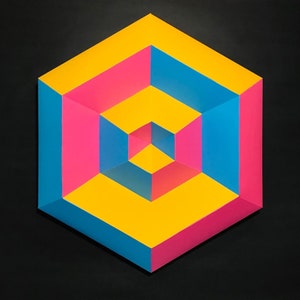 Puede incluir: Una obra de arte abstracta geométrica con forma hexagonal. La obra está hecha de tres colores: amarillo, rosa y azul. Los colores están dispuestos en un patrón que crea una sensación de profundidad y dimensión.