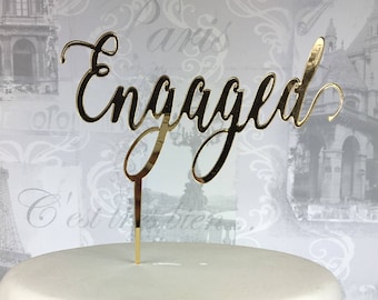 engaged cake topper marriage, wedding acrylic engagement party Mr&Mrs glitter script swirly UK laser cut