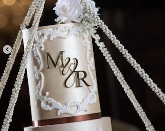 Wedding initials acrylic cake topper personalised monogram glitter gold rose mirror