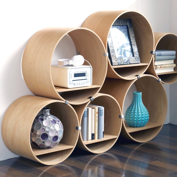 6 round Shelves, wood oiled, incl. shelf boards and connectors, Shelving System Flexi Tube Nature
