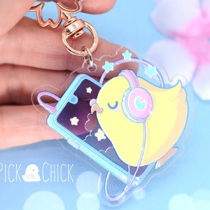 Chick kawaii acrylic keychain with phone and headphones. Lofi pastel vibes with translucent sky image 2