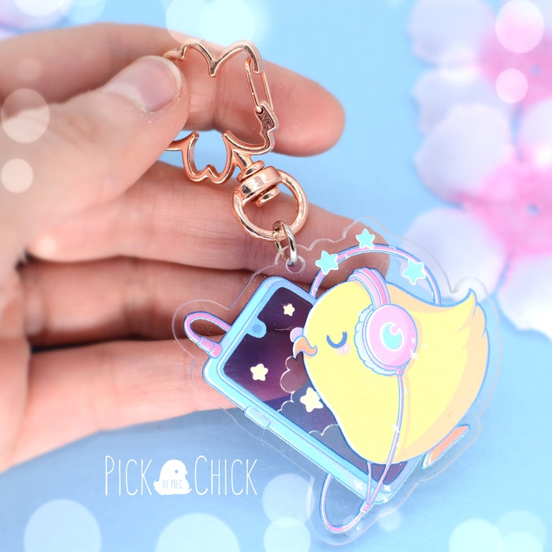 Chick kawaii acrylic keychain with phone and headphones. Lofi pastel vibes with translucent sky image 2